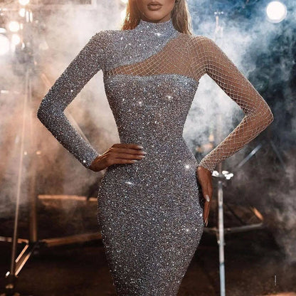 Damen Abendkleid Glitzernd Asymmetrischer Ausschnitt Langärmlig