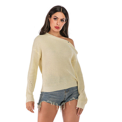 Damen Off-Shoulder Strickpullover mit Knopfdetails Schwarz - Eveloria