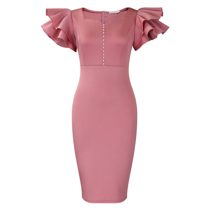 Eveloria Damen Midi-Kleid Voluminöse Rüschen Perlendetails