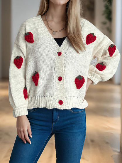 Damen Strickjacke Erdbeermotiv Große Knöpfe