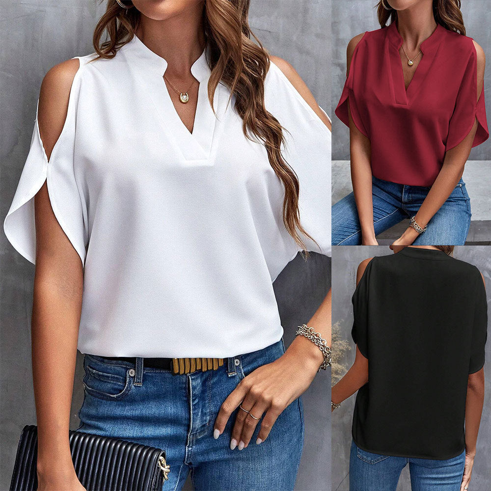 Damen Bluse Cut-Out Ärmel Stehkragen Elegant Schwarz - Eveloria