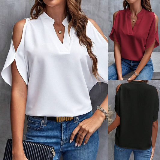Damen Bluse Cut-Out Ärmel Stehkragen Elegant Schwarz - Eveloria