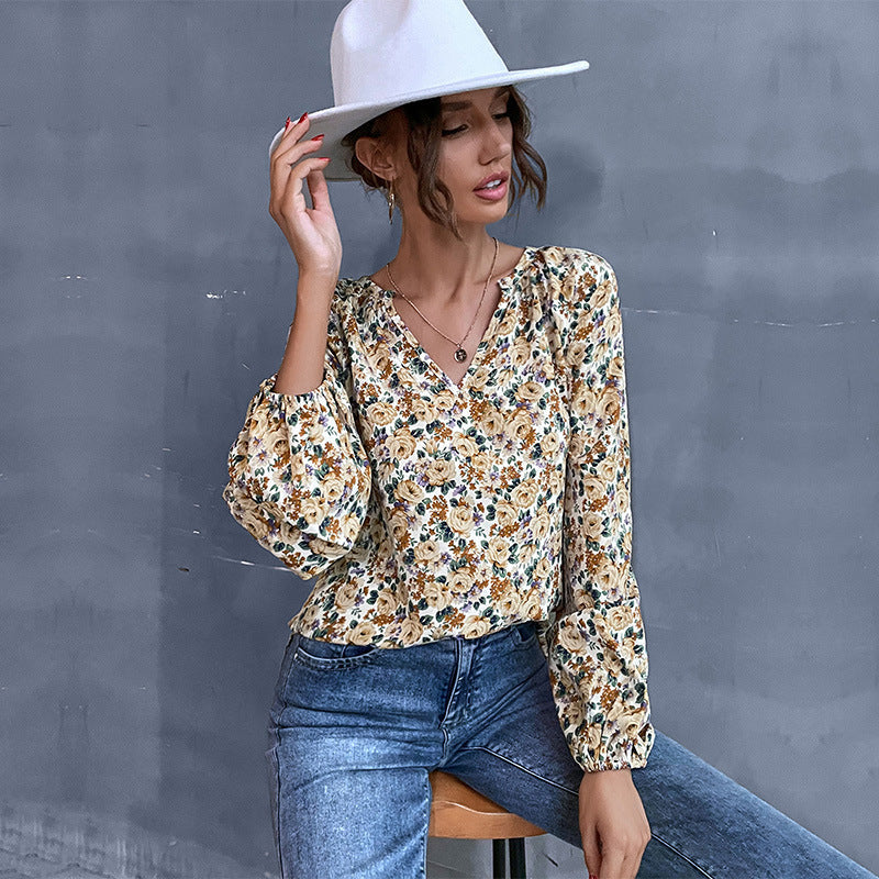 Damen Bluse Floralmuster Geraffte Ärmel