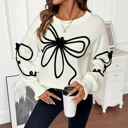 Damen Strickpullover Floral Hochkragen Beige - Eveloria