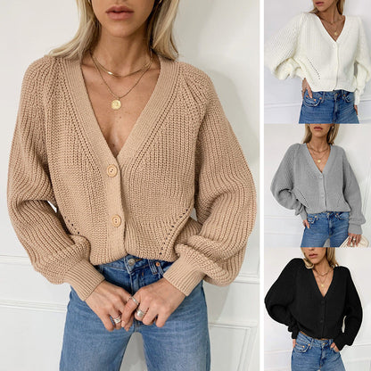 Damen Strickcardigan V-Ausschnitt Knopfdetails Beige - Eveloria