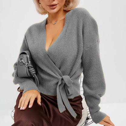 Damen Wickelcardigan Softstrick V-Ausschnitt Bindegürtel Beige