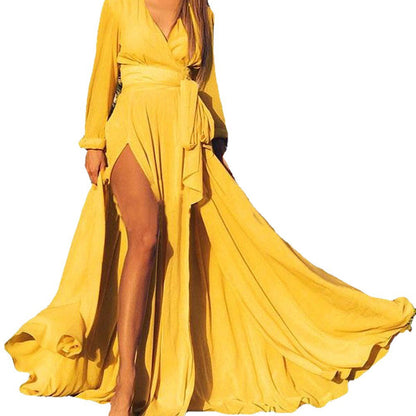 Damen Maxikleid V-Ausschnitt Elegantes Seitenöffnung Eveloria