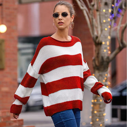 Damen Strickpullover Weites Streifenmuster Beige