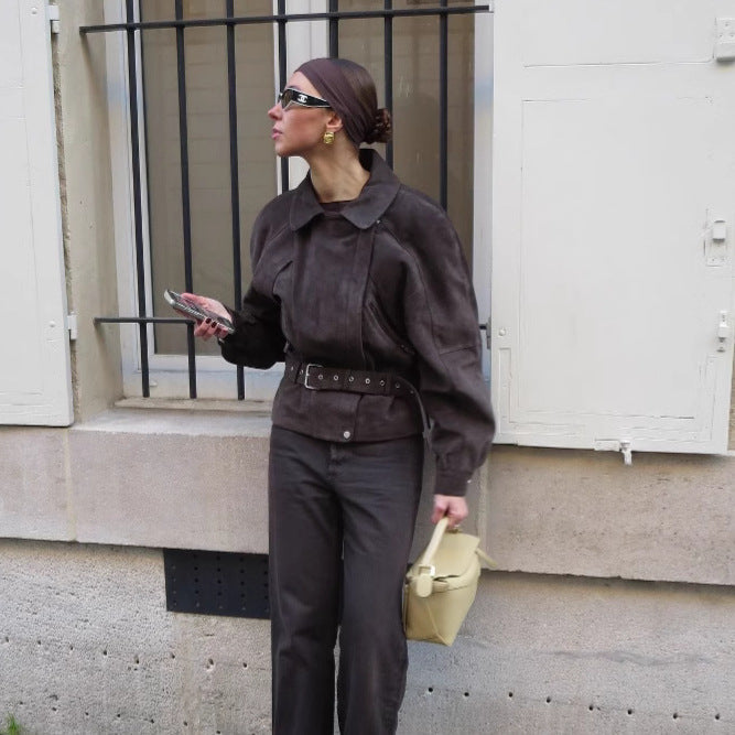 Damen Wildlederjacke Mit Taillengürtel Eveloria
