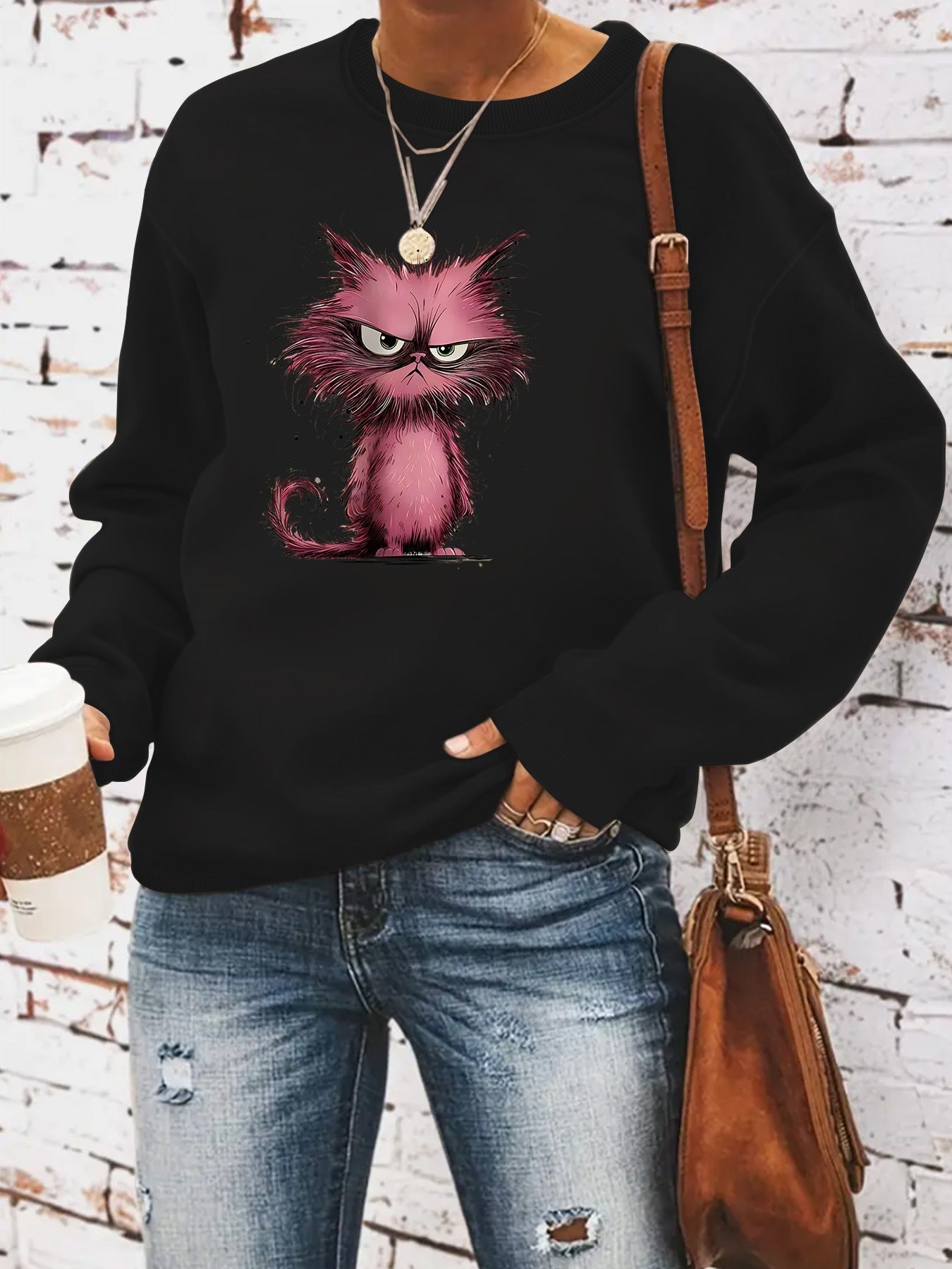 Damen Sweatshirt Katzenmotiv Eveloria Weiss