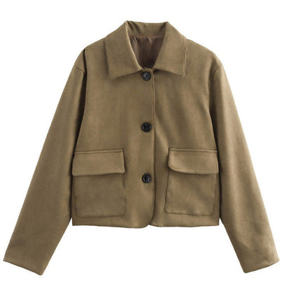 Damen Kurzjacke modisch mit Brusttaschen und Knöpfen Eveloria
