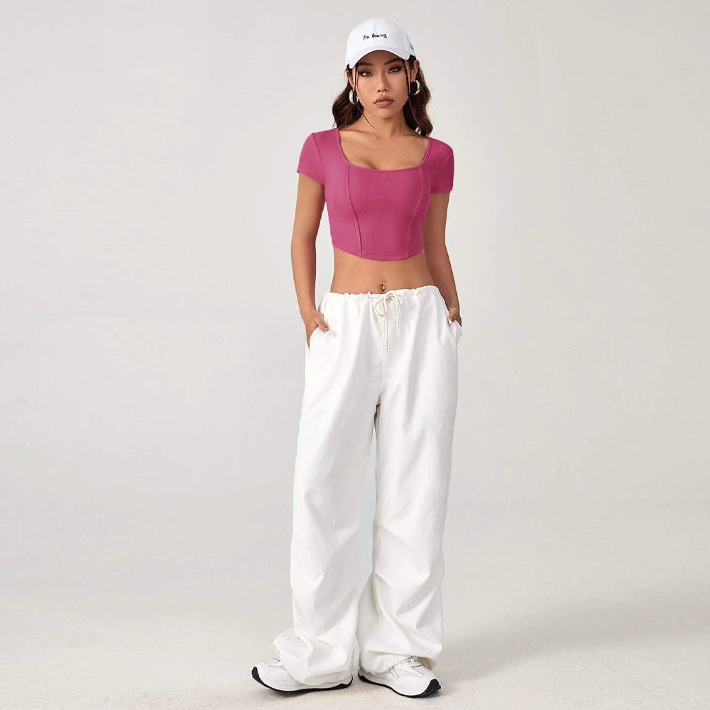 Damen Cropped Quadratischer Ausschnitt Rippstruktur