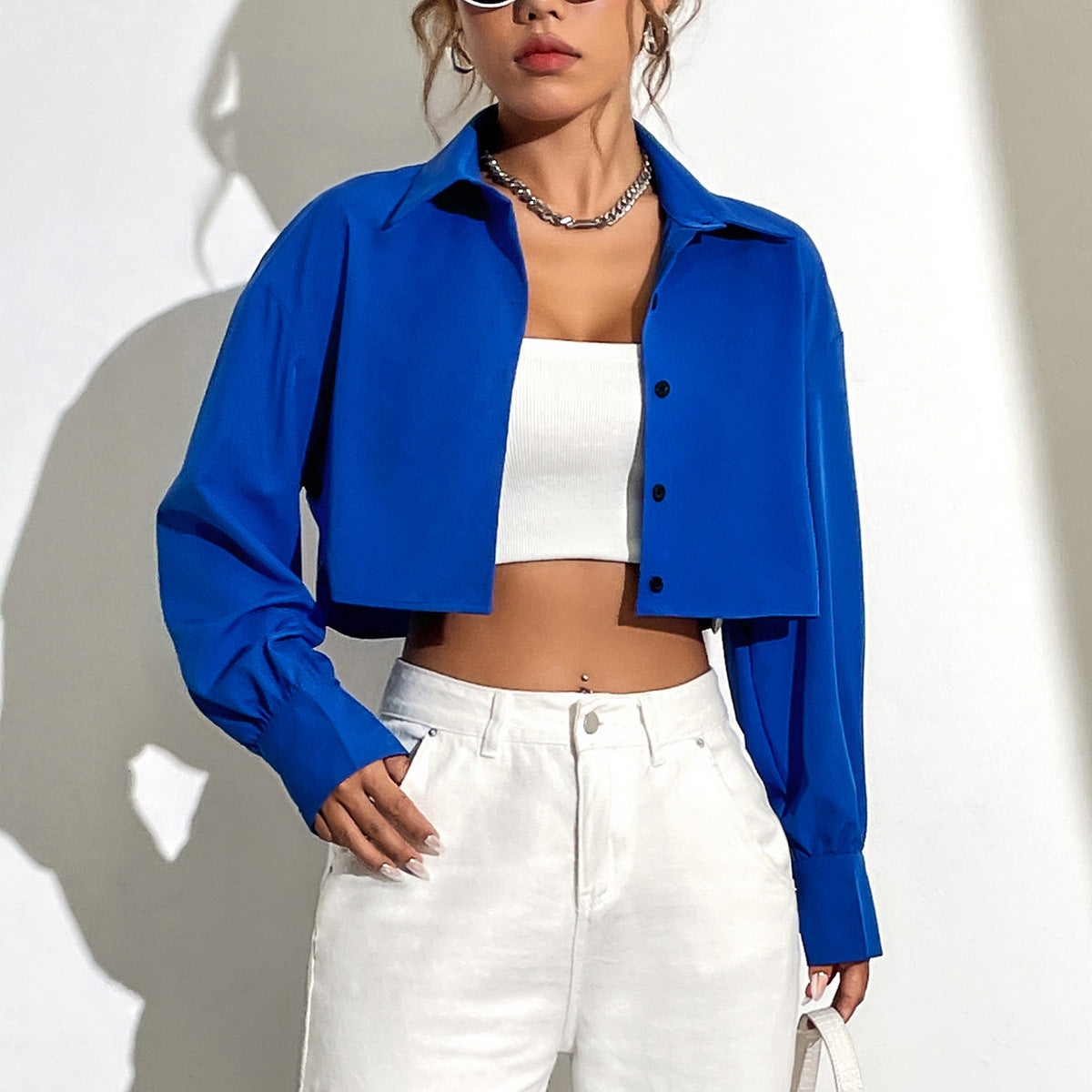Damen Cropped Hemdjacke Puffärmel Modern Knöpfe