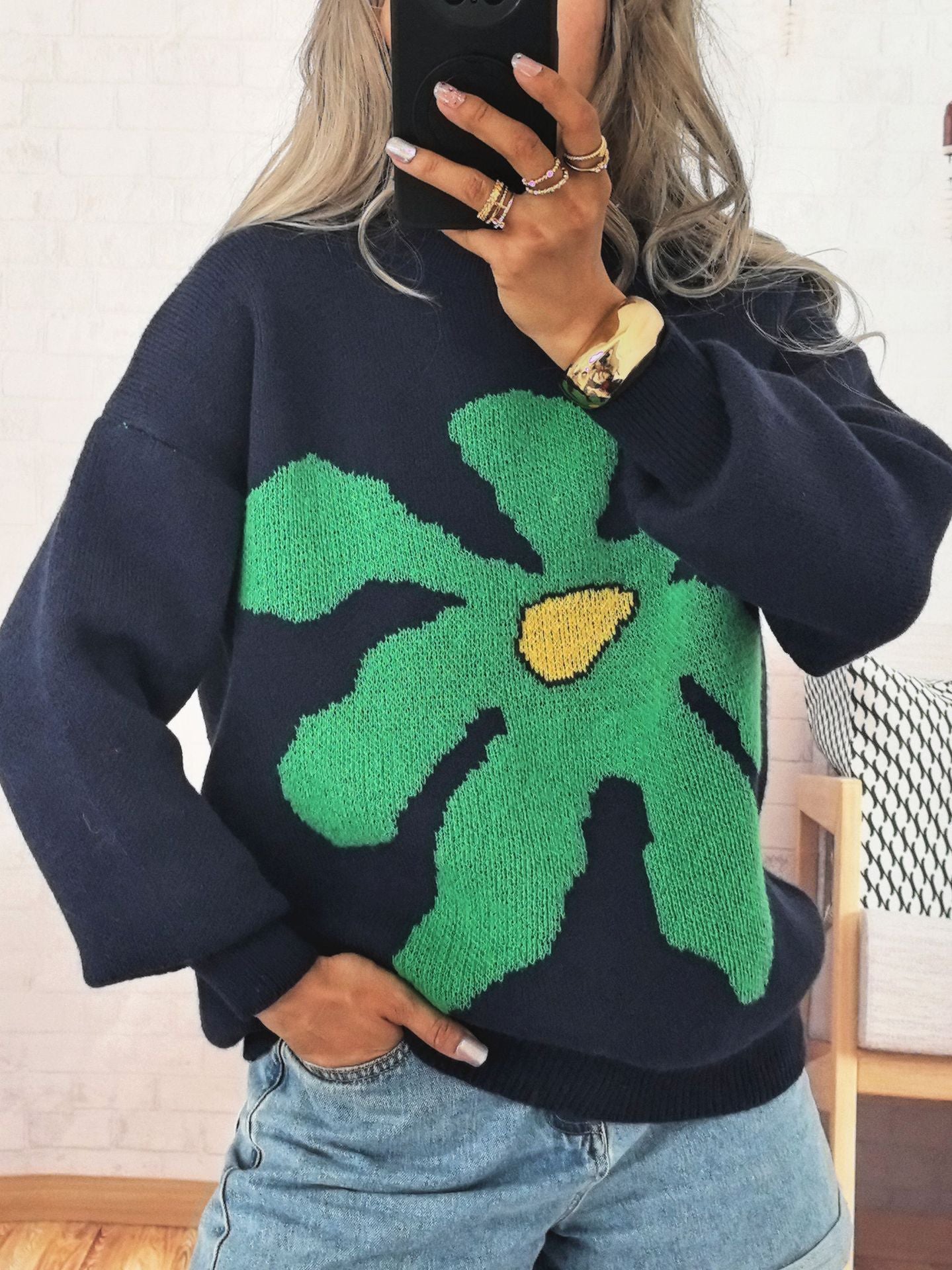 Damen Strickpullover Bunt Blumenmotiv Überschnittene Schultern