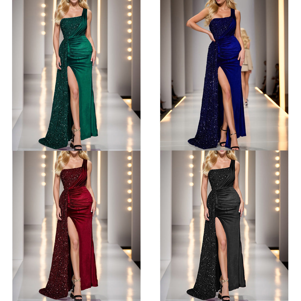 Damen Abendkleid Asymmetrischer Schnitt Glitzerdetails Schwarz - Eveloria