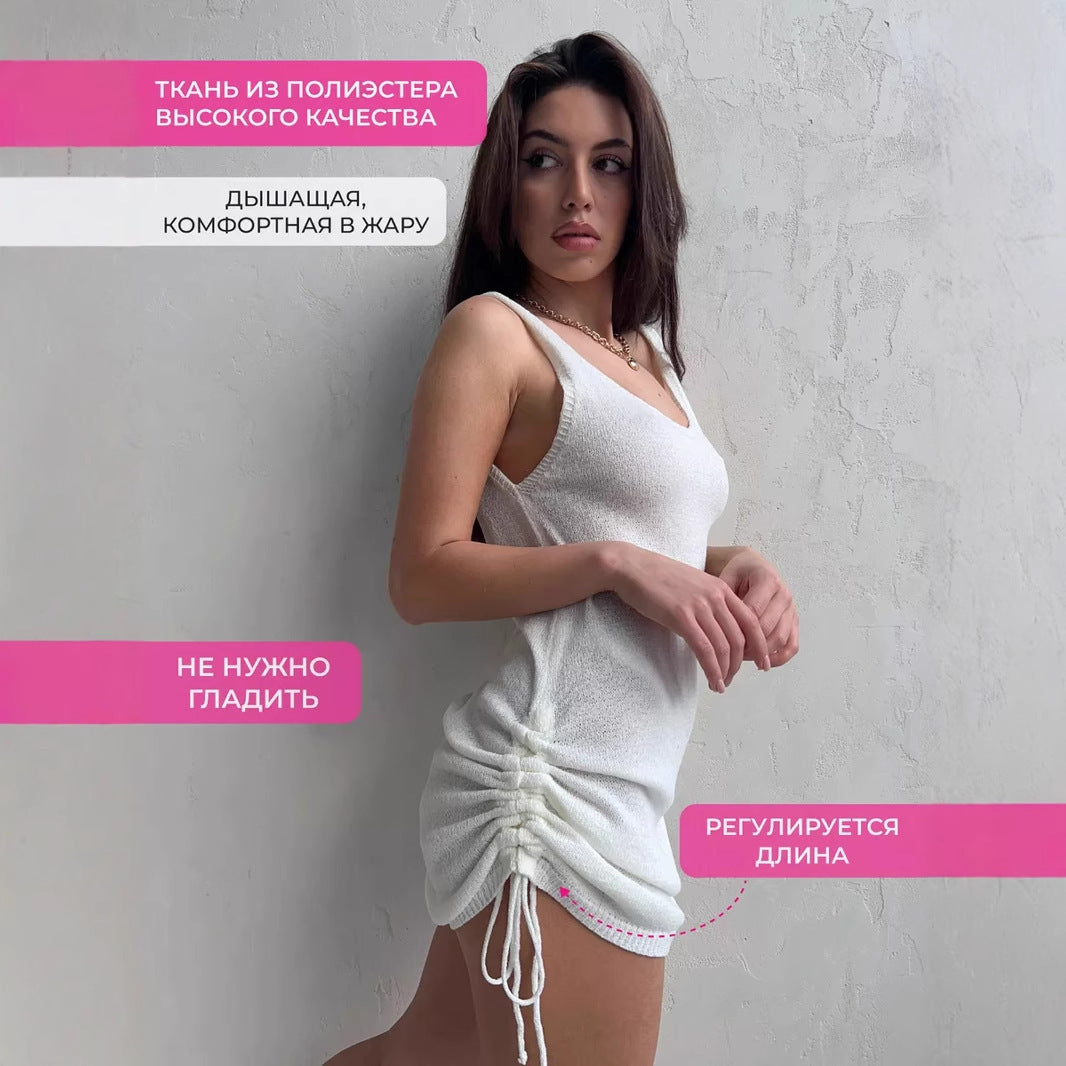 Damen Strickkleid mit Seitenschnüren Rundhalsausschnitt