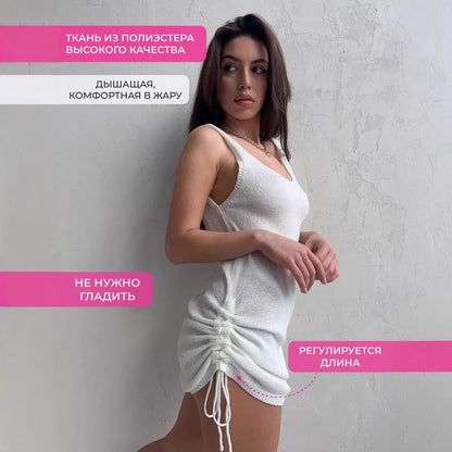 Damen Strickkleid mit Seitenschnüren Rundhalsausschnitt