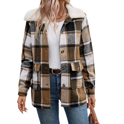 Damen Flanelljacke Karomuster Große Taschen Braun