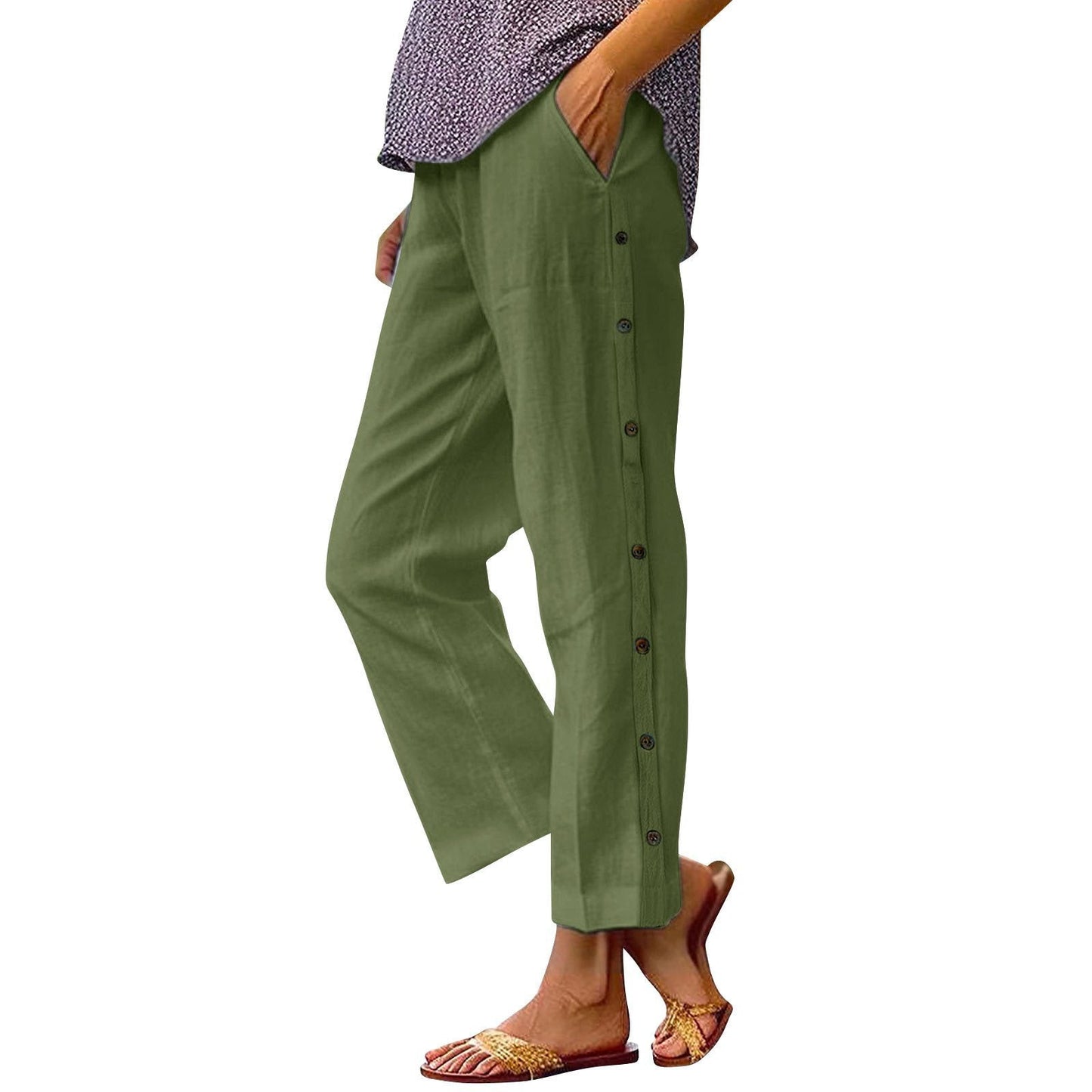 Damen Leinenhose Bequem Knöpfe Anthrazit