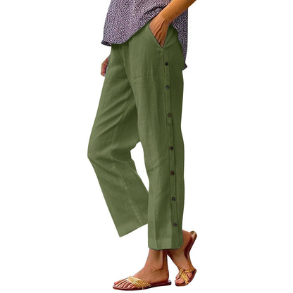 Damen Leinenhose Bequem Knöpfe Anthrazit