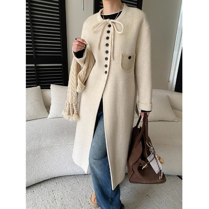 Damen Wolljacke Lang Knopf- und Kordelzugdetails Braun