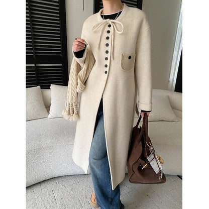 Damen Wolljacke Lang Knopf- und Kordelzugdetails Braun