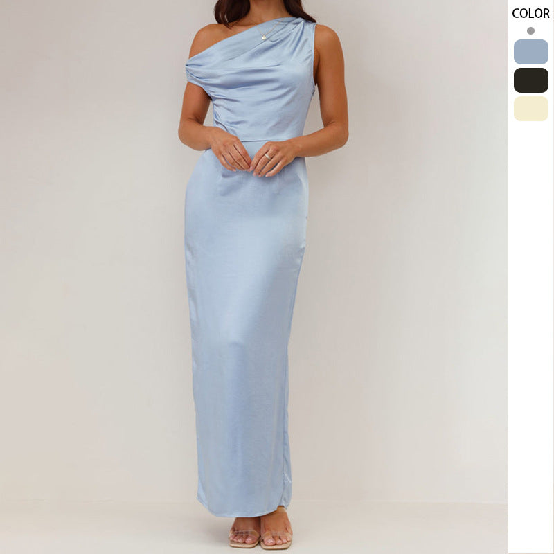 Damen Maxikleid Einseitiger Ausschnitt Raffung Schwarz Eveloria - Eveloria