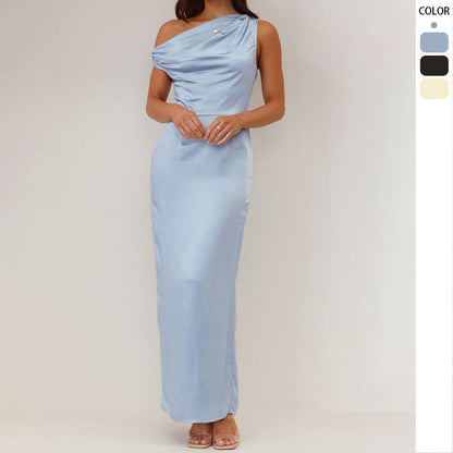 Damen Maxikleid Einseitiger Ausschnitt Raffung Schwarz Eveloria - Eveloria