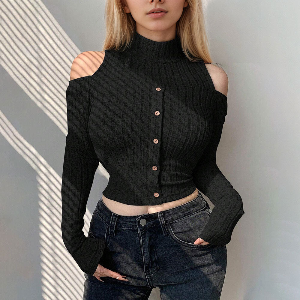 Damen Cropped Langarm-Pullover Schulterfrei Knopfverschluss Eveloria
