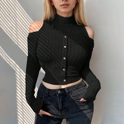 Damen Cropped Langarm-Pullover Schulterfrei Knopfverschluss Eveloria