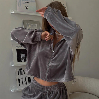 Damen Velours-Loungewear-Set mit Reißverschluss und Kapuze