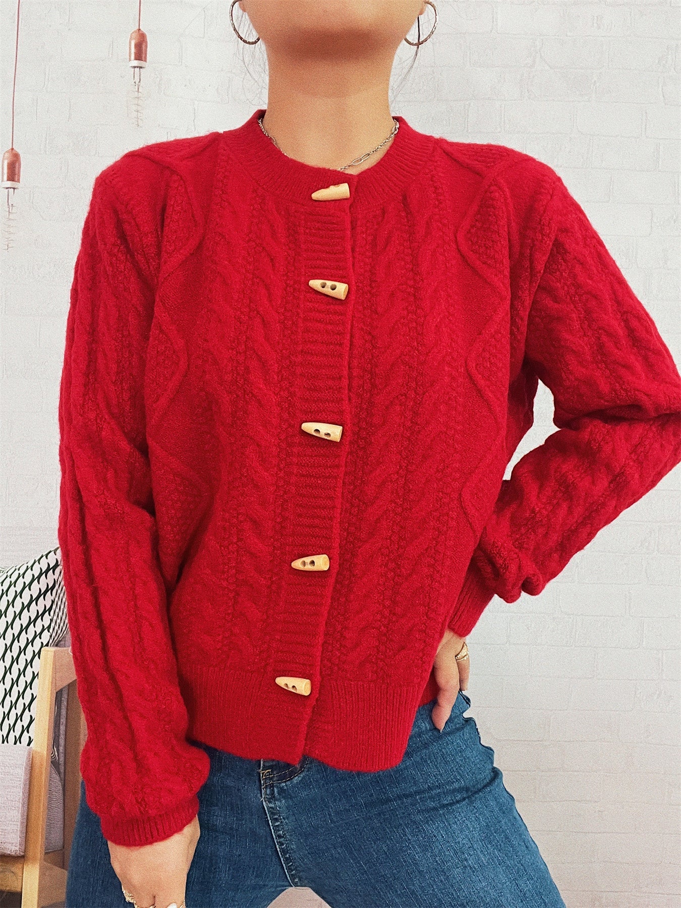 Damen Strickcardigan Weich Nautisches Design Beige Holzknöpfe