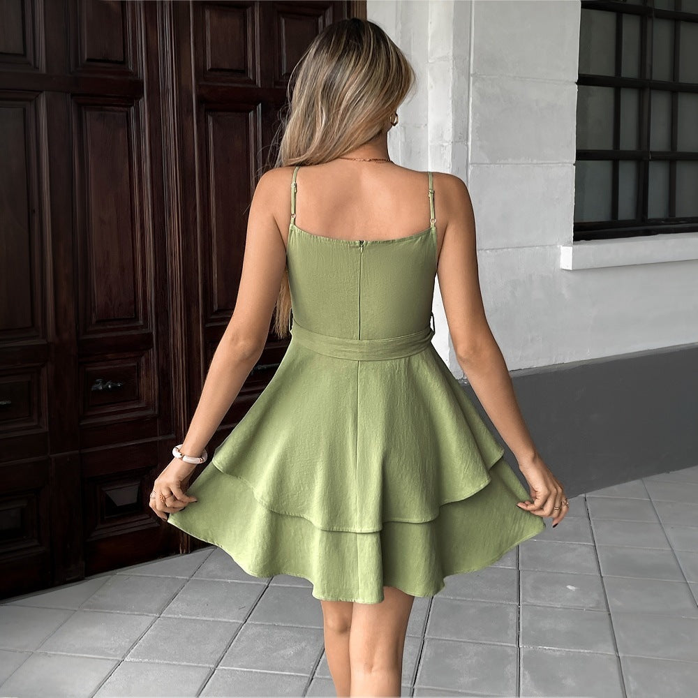 Damen Trägerkleid Gestufte Rüschen Bindbarer Gürtel