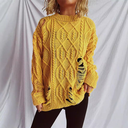 Damen Oversized Pullover Strukturiertes Zopfmuster Fransen Beige