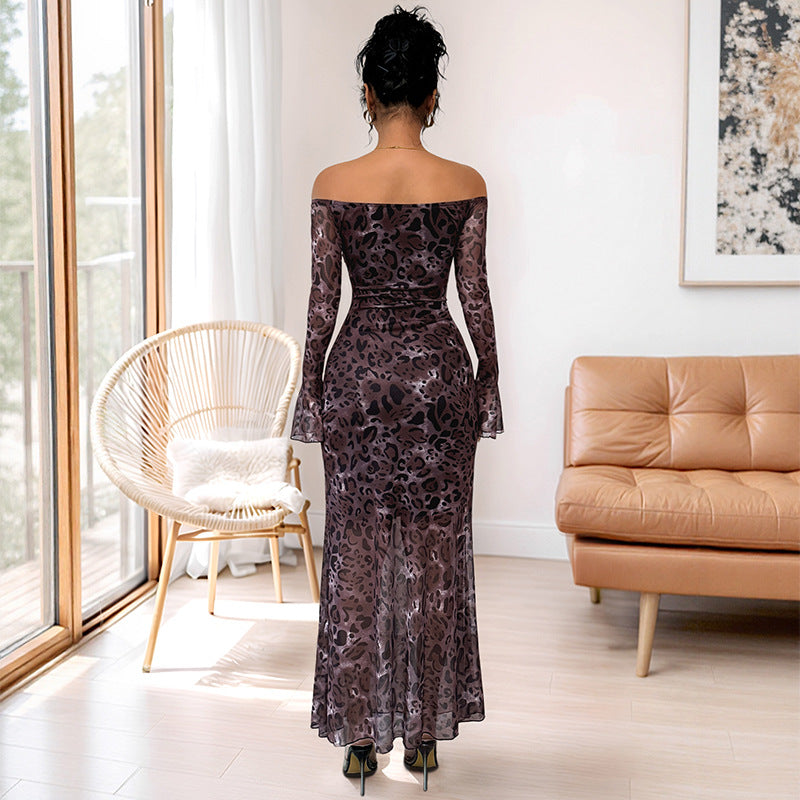 Damen Maxikleid Off-Shoulder Tiermuster Längsärmel Eveloria