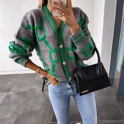 Damen Cardigan Geometrisches Muster Knopfleiste Anthrazit