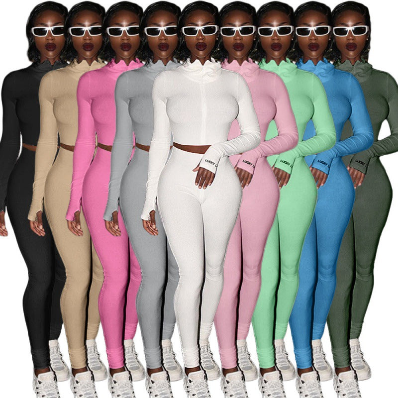 Damen Sportliches Figurbetontes Set mit hohem Kragen und Rippdetails - Eveloria