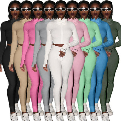 Damen Sportliches Figurbetontes Set mit hohem Kragen und Rippdetails - Eveloria