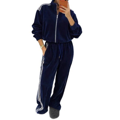 Damen Velours Jogginganzug Elastischer Bund Hochgeschlossener Kragen