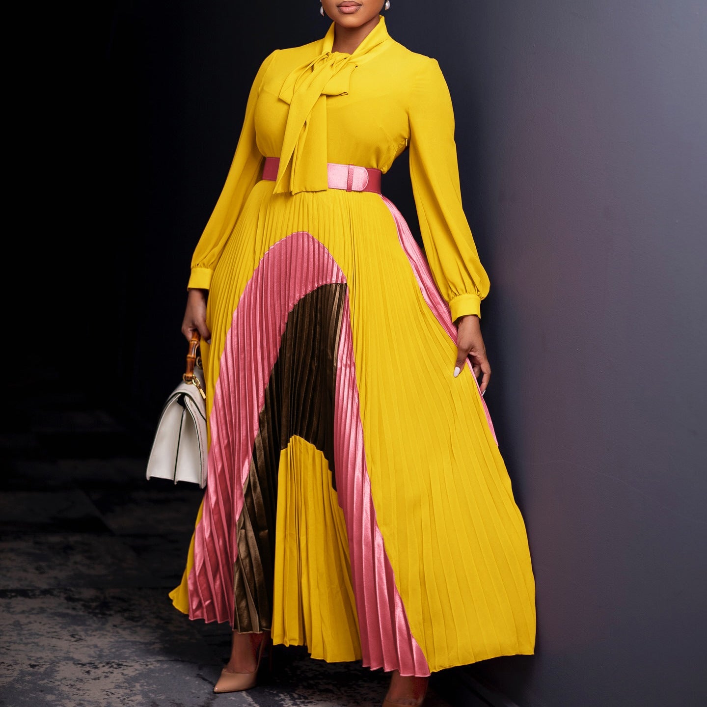 Damen Maxikleid Eleganter Schlitz Krawattenkragen Schwarz Eveloria - Eveloria