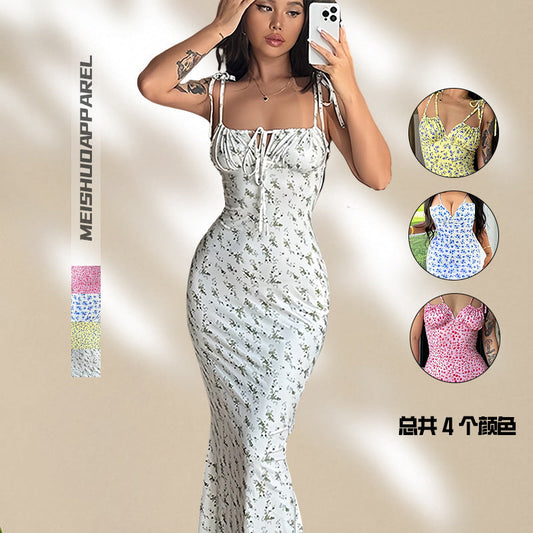 Damen Maxikleid Blumenmuster Figurbetonter Schnitt Spaghetti-Träger - Eveloria