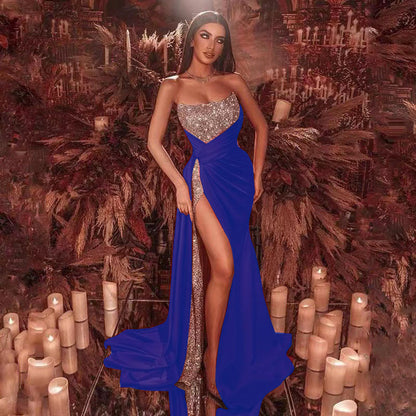 Damen Maxikleid mit Glitzeroberteil und hohem Beinschlitz