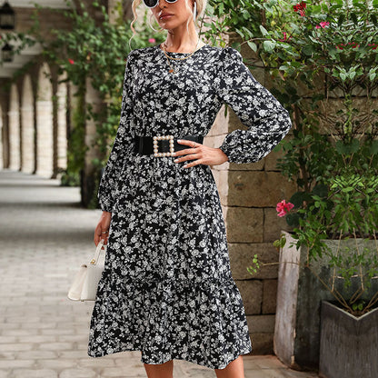Damen Wickelkleid Midi Floralmuster Elastischer Gürtel Eveloria