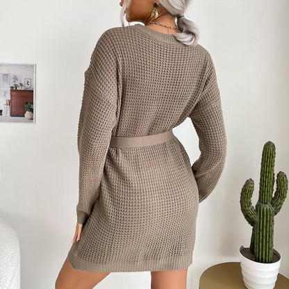 Damen Strickkleid mit Bindegürtel Lässig Eveloria