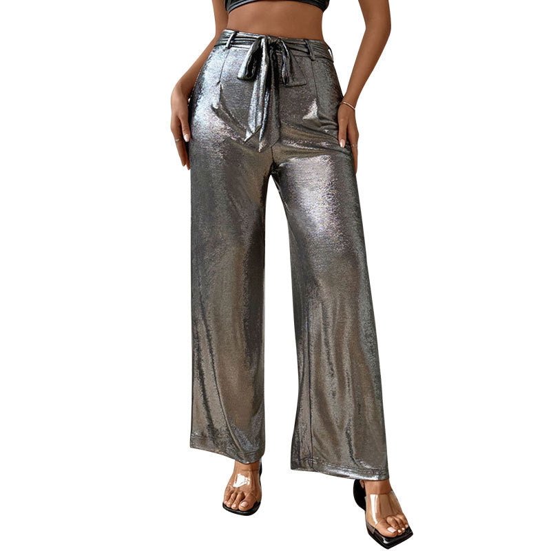 Damen Palazzo-Hose Glänzend Hochtaillierter Bund Dekorativer Gürtel