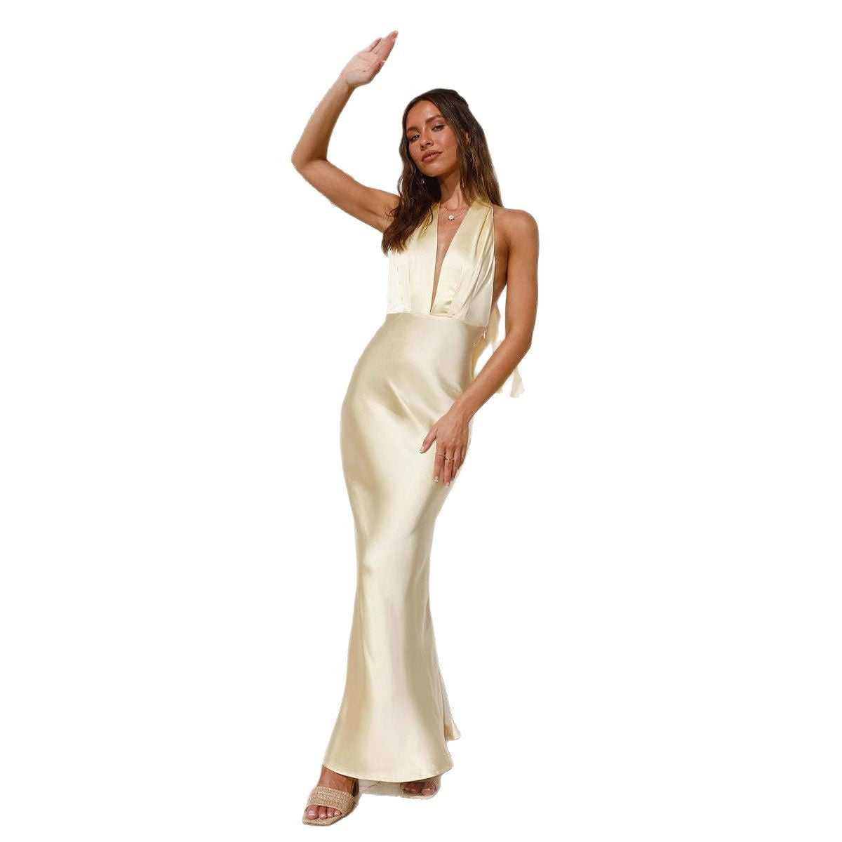 Damen Satin Maxikleid V-Ausschnitt Schwingender Schnitt Eveloria