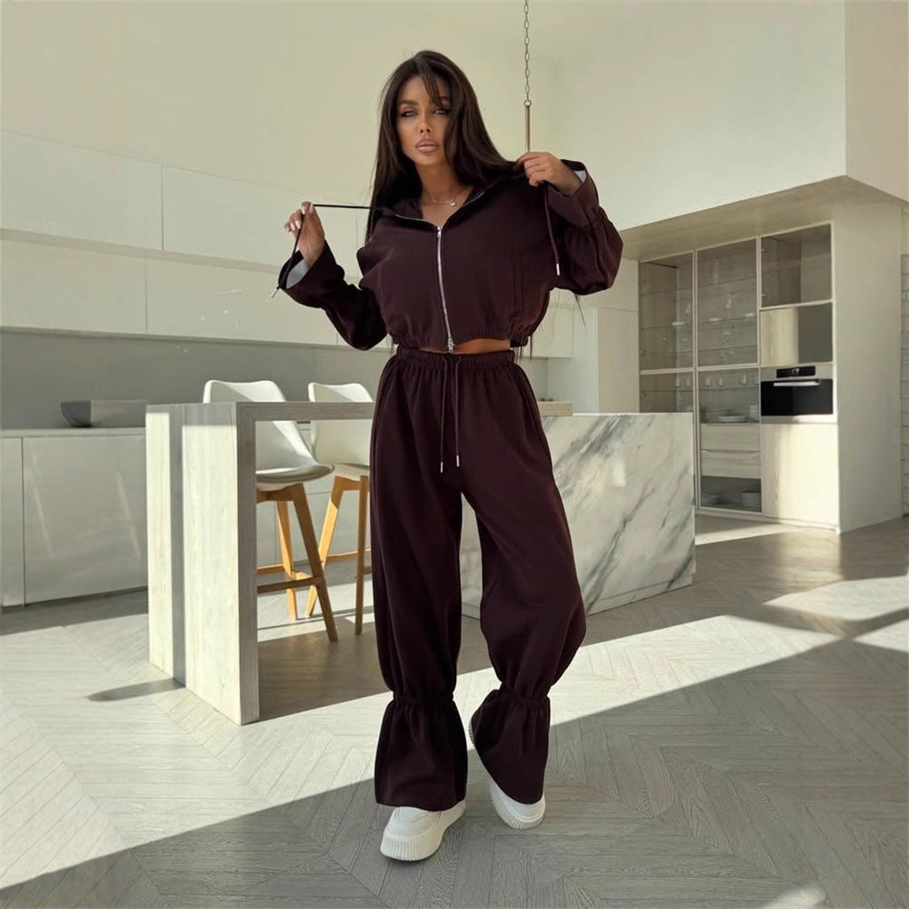 Damen Zwei-Teiler-Set Cropped Kapuzenpullover Weite Hose Eveloria - Eveloria