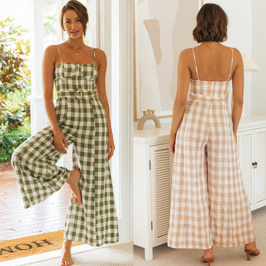 Damen Jumpsuit Gingham Muster Taillengürtel Eveloria - Eveloria