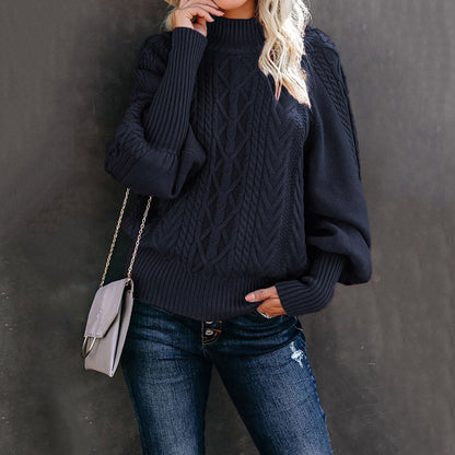 Damen Grobstrickpullover Stehkragen Ballonärmel Eveloria