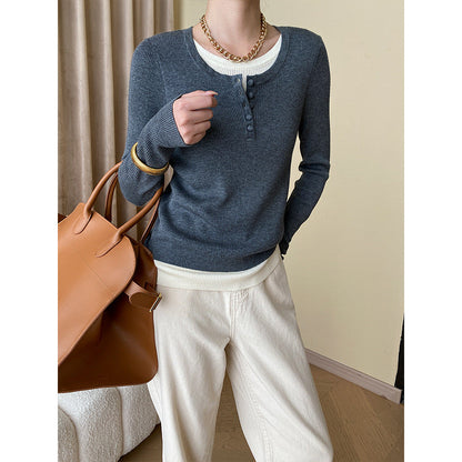 Damen Langarmshirt V-Ausschnitt Knopfdetails Weiße oder Dunkle Farben